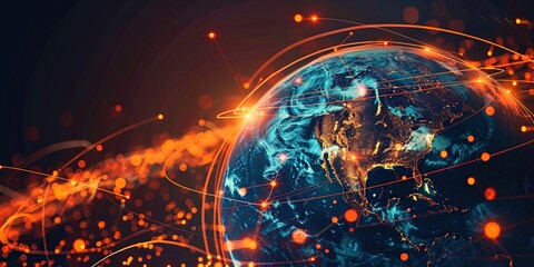 Obraz premium Earth with glowing data streams and network connections, symbolizing global connectivity and technology.