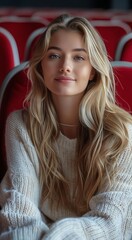 Fototapeta premium A woman in a white sweater sitting in an auditorium.