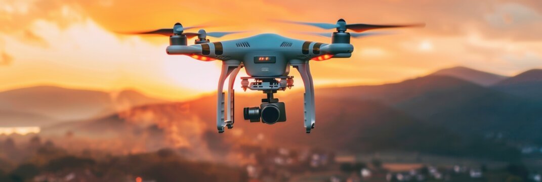 A drone with a camera captures stunning aerial footage against a backdrop of rolling hills at sunset. Generative AI