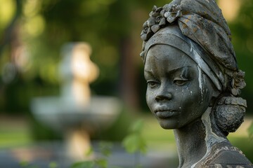 Obraz premium Weathered stone statue of a young girl in a garden