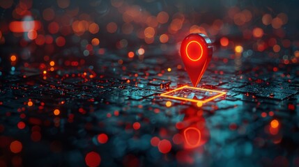 Red location pin on glowing digital map, futuristic technology concept