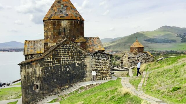 view of the Sevanavank Monastery and chapel overlooking famous Sevan lake at spring sunny day. Travel and tourist destinations of Armenia