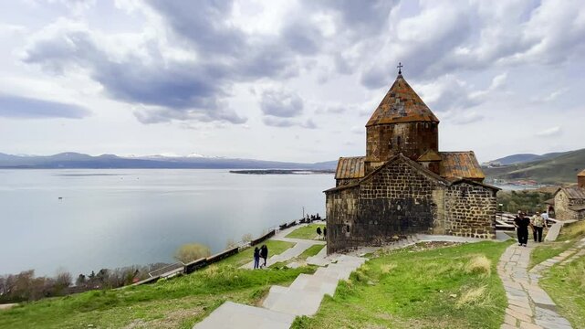 view of the Sevanavank Monastery and chapel overlooking famous Sevan lake at spring sunny day. Travel and tourist destinations of Armenia