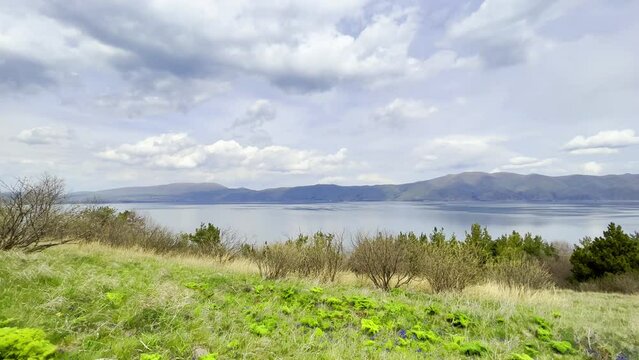 view of famous Sevan lake at spring sunny day. Travel and tourist destinations of Armenia