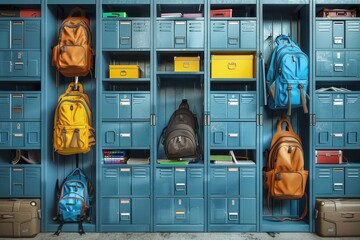 Rows of blue lockers with school bags hanging and stuffed inside, showcasing a tidy storage system in an educational setting, symbolizing readiness for learning.