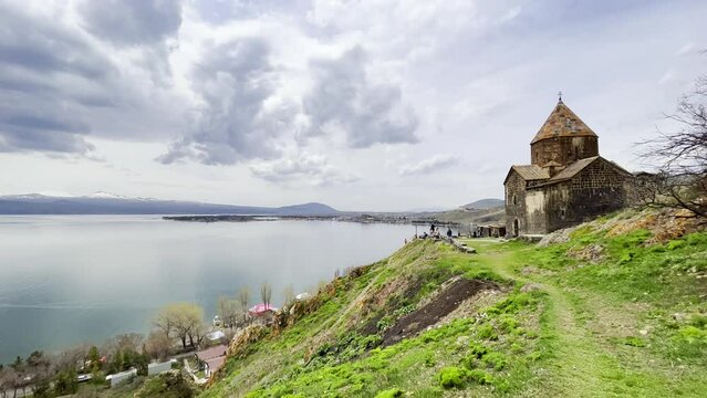 view of the Sevanavank Monastery and chapel overlooking famous Sevan lake at spring sunny day. Travel and tourist destinations of Armenia