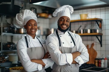 Two professional chefs in uniform stand in a restaurant kitchen with arms crossed, confidently showcasing their skill and expertise in culinary arts.