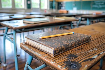 A pencil rests atop a weathered notebook on an empty classroom desk. The image symbolizes education, reflection, and the quiet stillness of the learning environment.