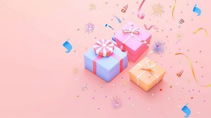 Colorful gift boxes with confetti and ribbons on a pink background.