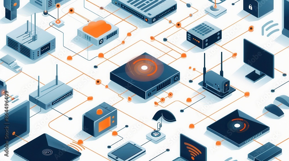 Poster an illustration depicting various network devices, such as routers, modems, and smart home gadgets, 