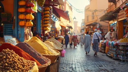  A group walks down the street, passing a store brimming with diverse food items