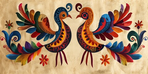 Obraz premium A detailed and vibrant depiction of two roosters in a traditional folk art style. The illustration showcases intricate patterns and rich colors typical of traditional embroidery. 