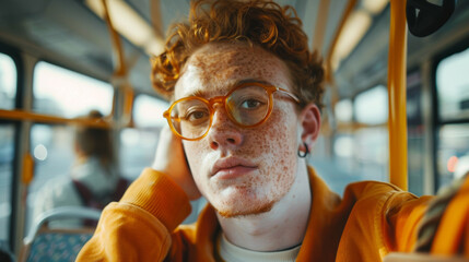 Portrait of a stylish guy with freckles in the bus.
