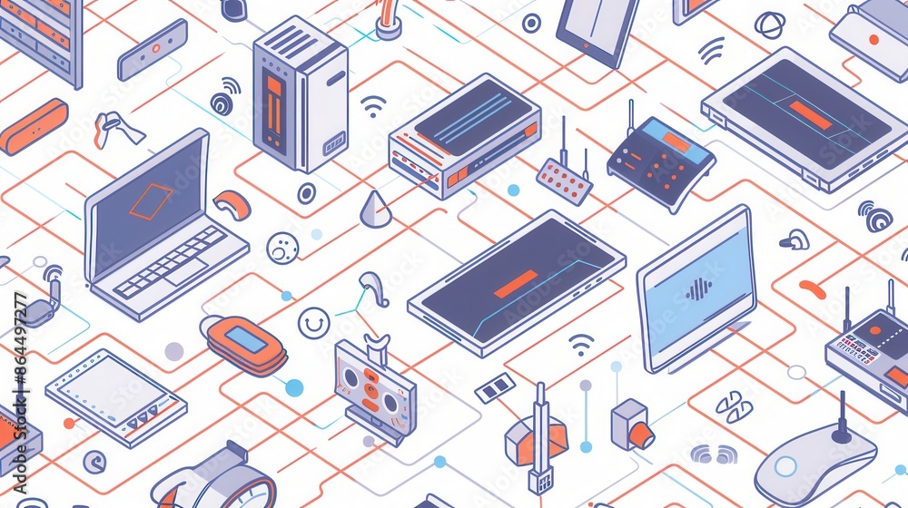 Poster an illustration depicting a modern network with various devices including routers, modems, and smart