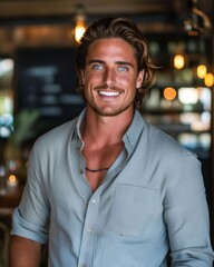 Fototapeta premium A man in a gray shirt smiling in tan pants.