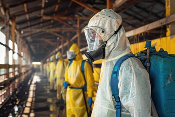 Workers in protective hazardous material suits with respirators in a warehouse environment. Safety and precaution are the prominent themes of the scene depicted here.
