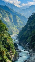 Obraz premium Aerial perspective of river flowing through verdant hills in dense forest setting