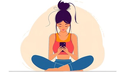Young woman in sportswear sitting in lotus pose, looking at her smartphone.