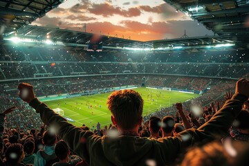 Fans celebrating in a fully packed football stadium while enjoying an evening game under bright stadium lights, highlighting the exhilarating atmosphere and collective enthusiasm.