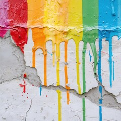 Vibrant rainbow paint dripping on cracked concrete wall