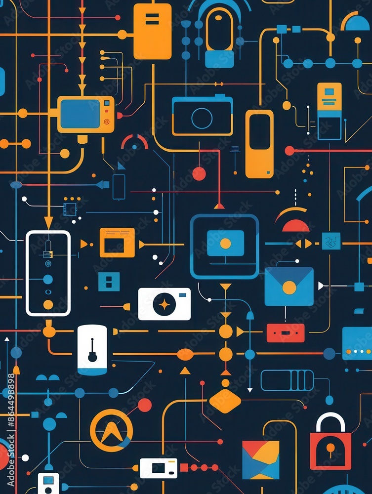 Aufkleber an illustration depicting various network devices, routers, modems, and smart home gadgets, connecte