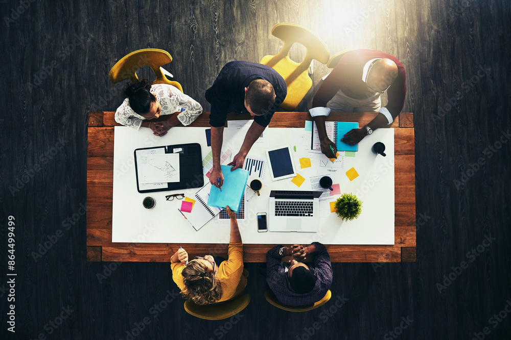 Poster above, office and people with strategy for teamwork, collaboration and brainstorming. business, empl