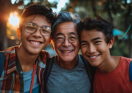 Asian man and his two sons smiling.