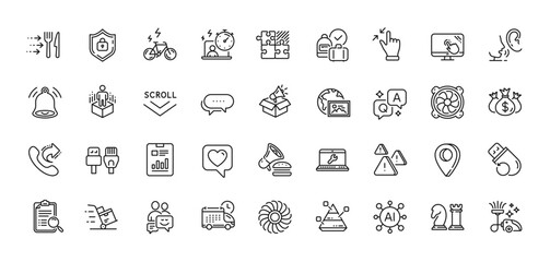 Report document, Web photo and Attention line icons pack. AI, Question and Answer, Map pin icons. Vacuum cleaner, Flash memory, Touch screen web icon. Delivery, Share call, Shield pictogram. Vector