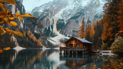 A cozy lakeside wooden cabin rests under towering, snow-covered mountains. The calm lake reflection combined with autumn foliage creates a serene, picturesque atmosphere of tranquility.