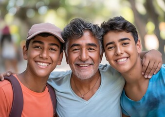 Obraz premium Three men smiling together in the park.