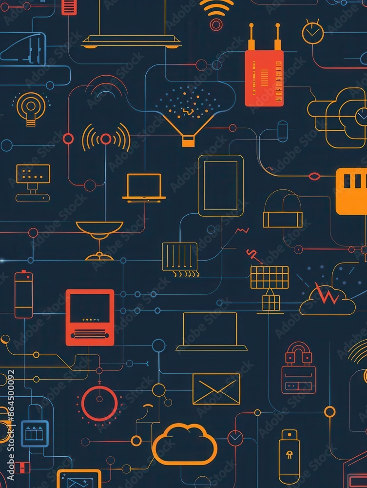 Poster an illustration depicting various network devices such as routers, modems, and smart home gadgets, a
