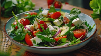Fresh vegetable salad with robiola cheese and avocado on wooden table