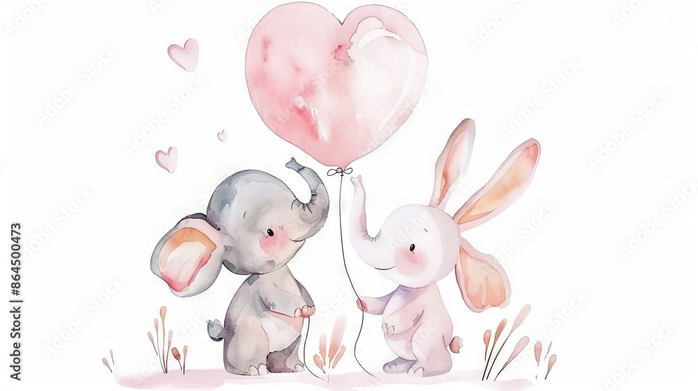 Canvas Prints   Elephants standing together with heart-shaped balloon on their heads