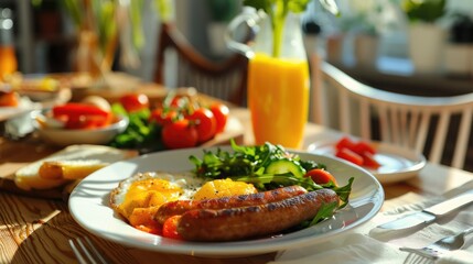 Breakfast - boiled sausages and fresh vegetables served on wooden table