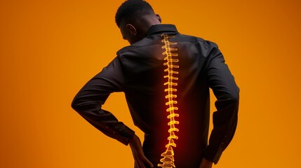 Man with illuminated spine outline experiencing back pain.