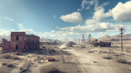 Abandoned buildings in a desert ghost town under a bright sun.