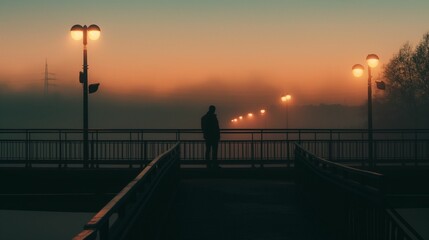 Obraz premium Person standing on a foggy bridge with street lamps at dawn.