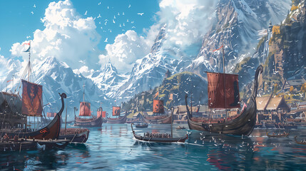 Obraz premium Featuring Viking ships at a contemporary harbor,