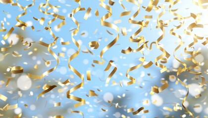 Elegant golden confetti shower on soft focus blue background for sophisticated celebrations