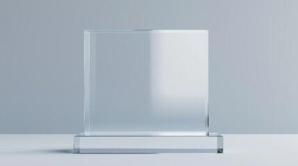 Modern clear acrylic podium in front of a plain gray background, suitable for various professional settings like conferences, seminars, or public speaking engagements