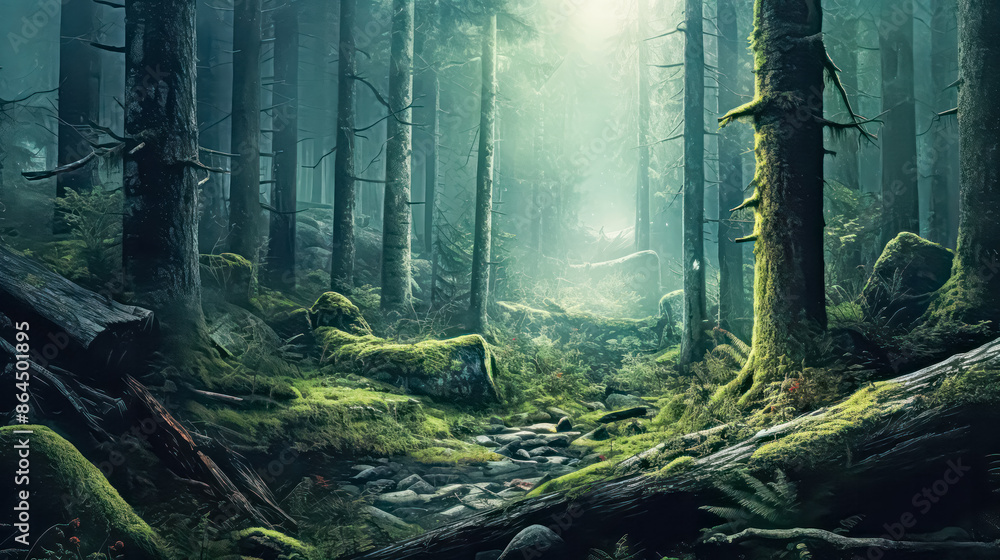 Poster a forest with moss-covered trees and a stream running through it, creating a lush and tranquil natur