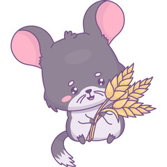 Chinchilla with ears of wheat. Cartoon kawaii rodent character