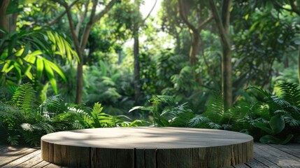 Wood podium in outdoors garden forest