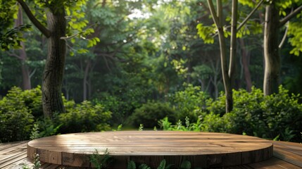 Wood podium in outdoors garden forest