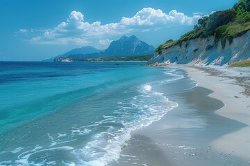 This image captures a stunning beach scene with gentle waves lapping the shore and towering mountains in the distance, offering a serene and picturesque coastal escape.