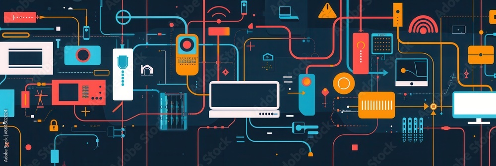 Poster a digital illustration displaying a network of interconnected routers, modems, smart home devices, a