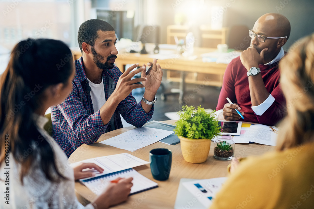 Poster man, business people and startup with documents in discussion, meeting and planning in modern office