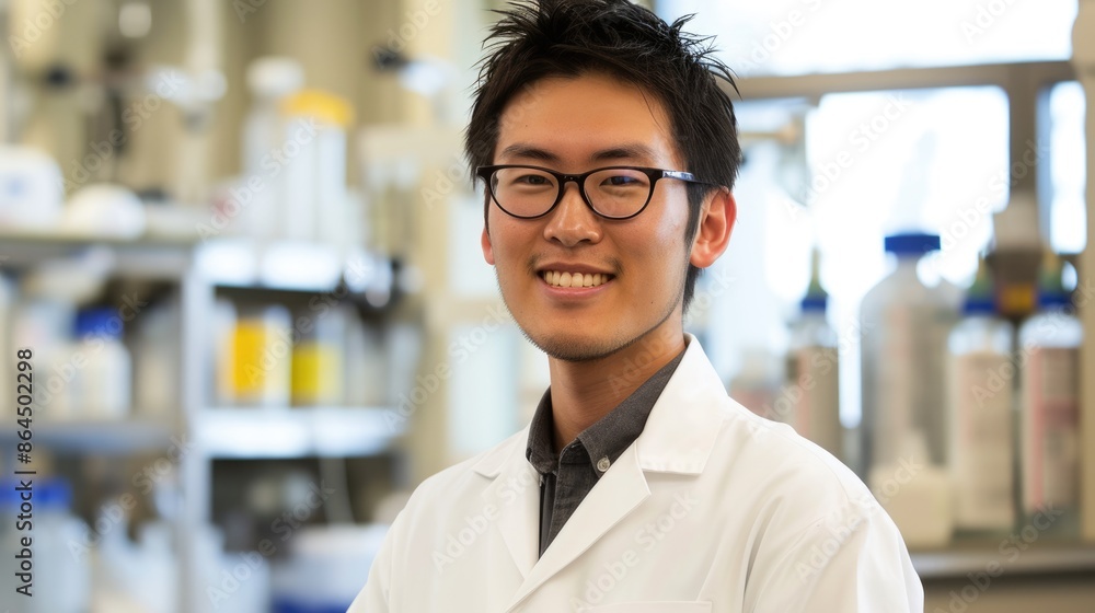 Poster professional scientist looking at camera while wearing lab coat at laboratory surrounded with chemic