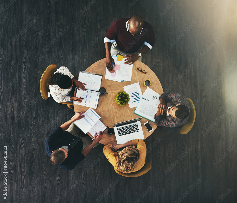 Aufkleber Top view, business people and brainstorming with paperwork, charts and cooperation with reports. Group, employees and teamwork with collaboration, development for ideas and support with proposal
