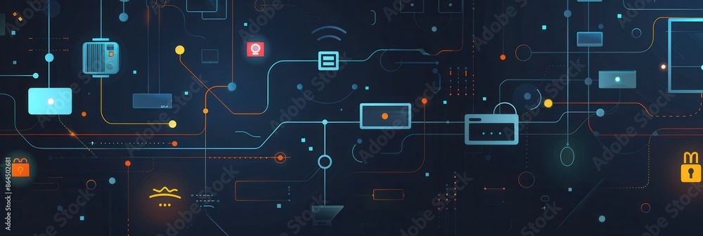 Fototapete Illustration depicting a network of smart home devices connected by abstract lines representing data flow. Generative AI